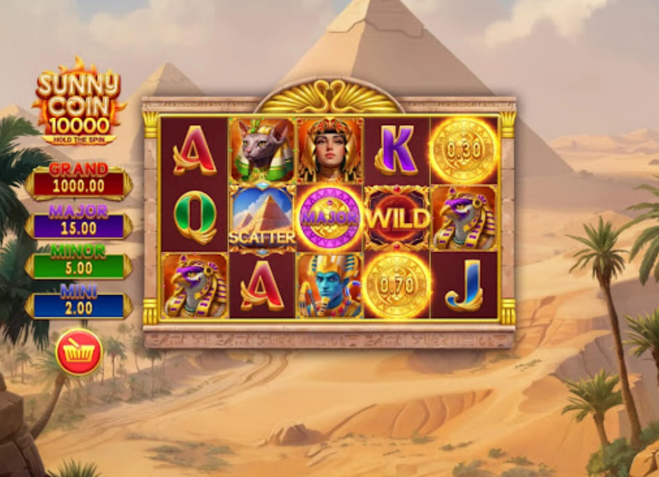 The 5x3 reel layout of the Sunny Coin 10000: Hold The Spin slot, showing the main game symbols and jackpot levels.