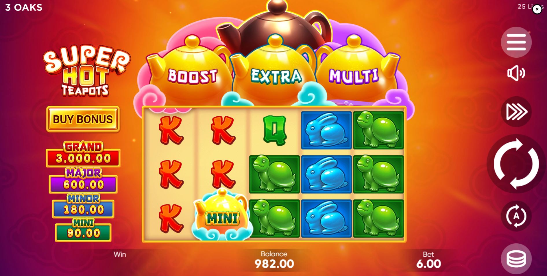 The 5x3 reel layout of the Super Hot Teapots slot demo, showcasing the main characters and the three teapot progress meters above.