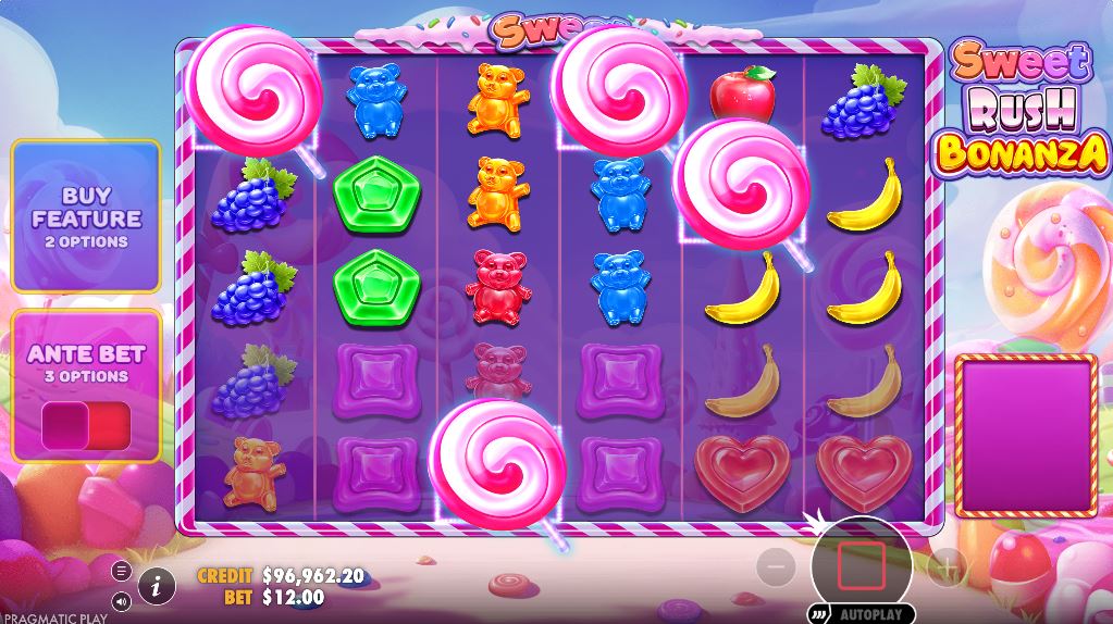 Four scatter symbols landing on the reels to trigger the Free Spins feature in Sweet Rush Bonanza.