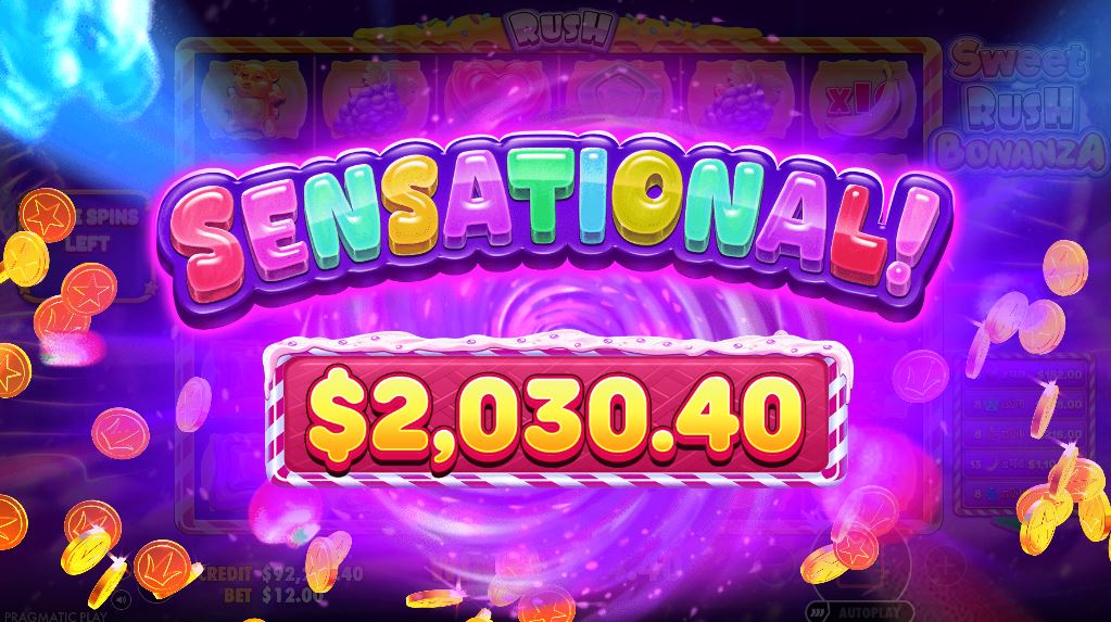 A screenshot displaying a big win screen in the Sweet Rush Bonanza slot game.