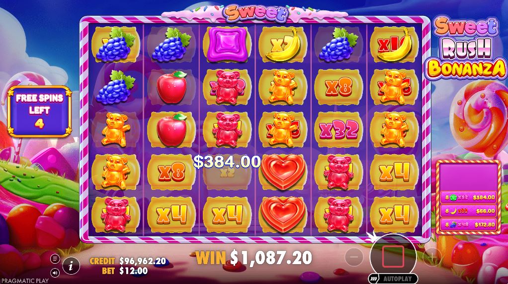 The Free Spins round in Sweet Rush Bonanza showing persistent sticky multipliers on the grid.