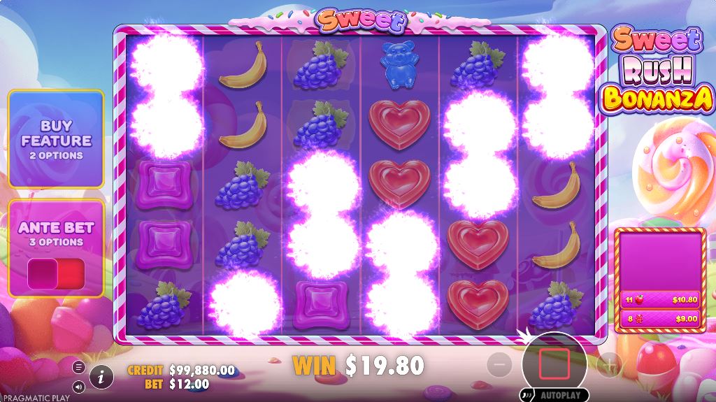 A winning combination activating the Tumble feature in the Sweet Rush Bonanza game.