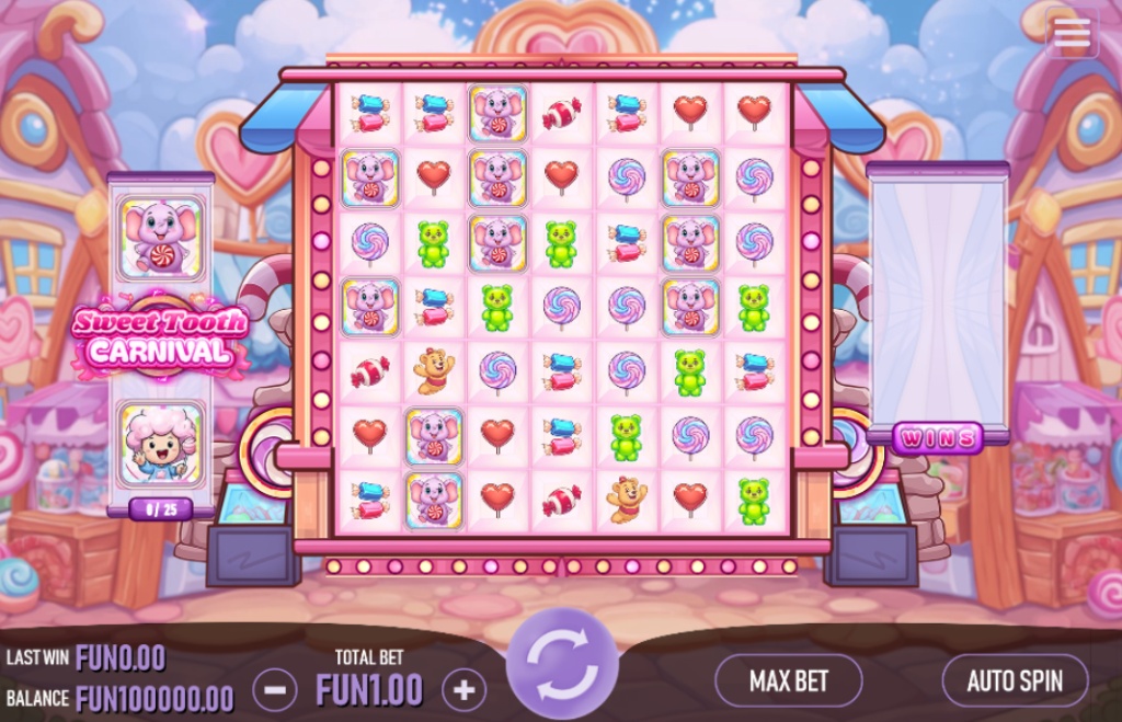 The main 7x7 game grid of the Sweet Tooth Carnival slot, featuring its colorful candy-themed symbols and cluster pays mechanic.