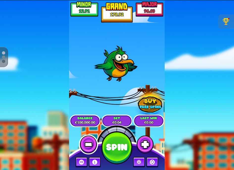 The main gameplay screen of the Tappy Bird slot, showing the bird in mid-air and the game's interface with the spin button.