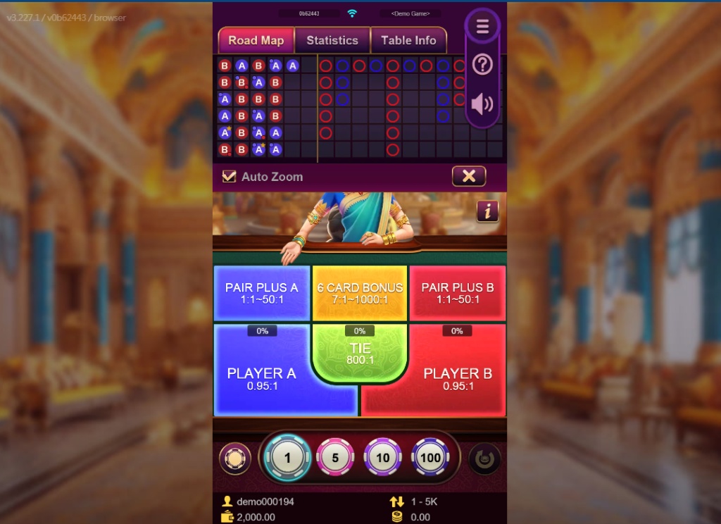 Teen Patti 20-20 main game interface showing Player A and Player B betting spots with live dealer background.