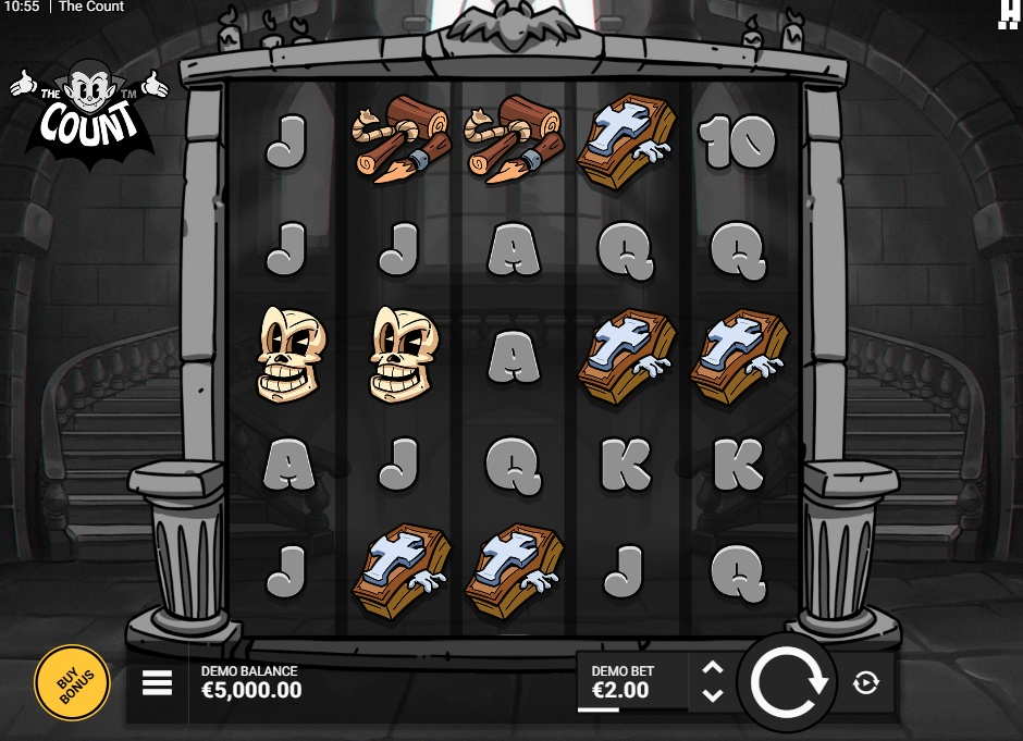 The Count slot base game grid showing cartoon-style symbols and the vampire castle background.