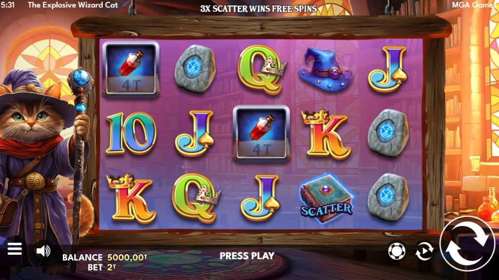 Screenshot of The Explosive Wizard Cat slot base game with its 5x3 grid and the main character.