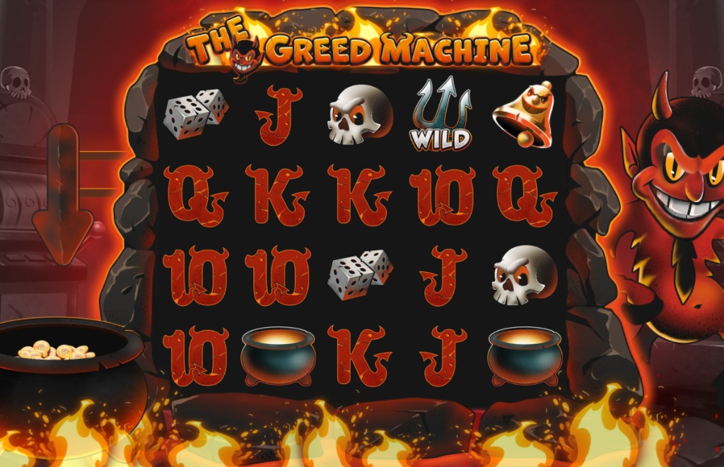 The Greed Machine slot gameplay showing the 5x4 reel layout and game symbols.
