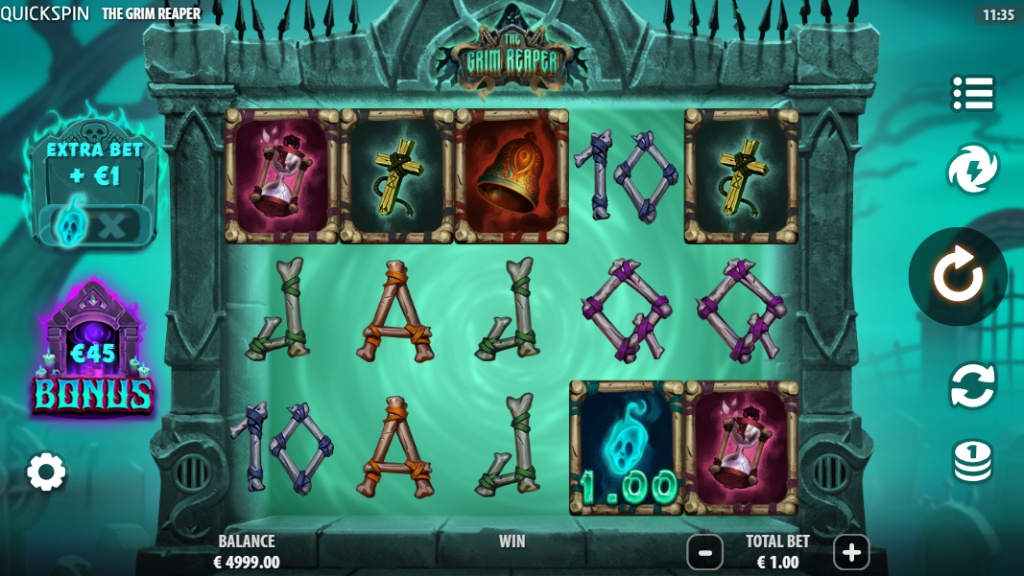 The base game interface of The Grim Reaper slot, displaying the 5x3 reel structure and thematic symbols.