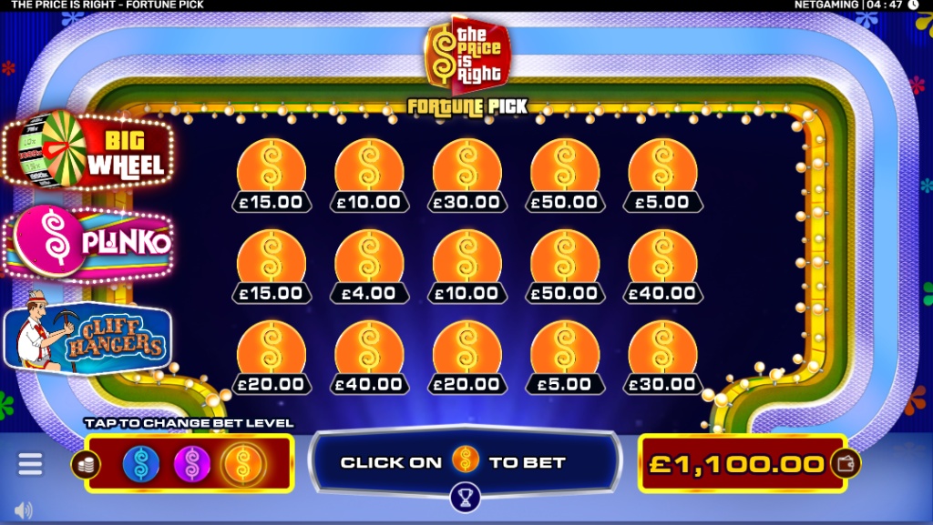 The Price Is Right - Fortune Pick slot gameplay screen with 15 dollar icons and bonus game indicators on the left.