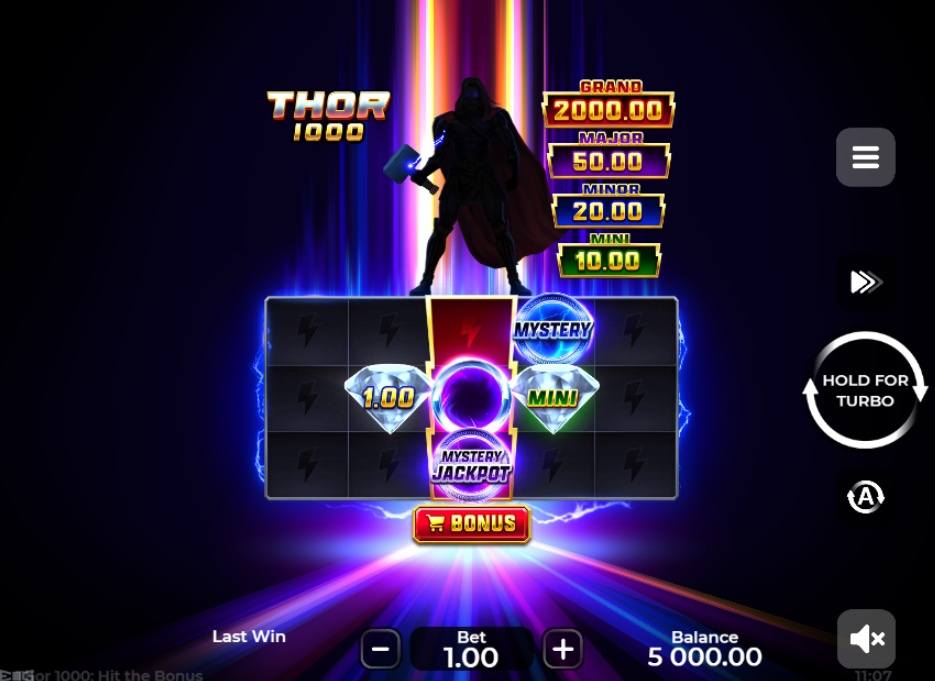 The main game grid of the Thor 1000 slot, showing the 5x3 reel layout and special symbols before the bonus round.
