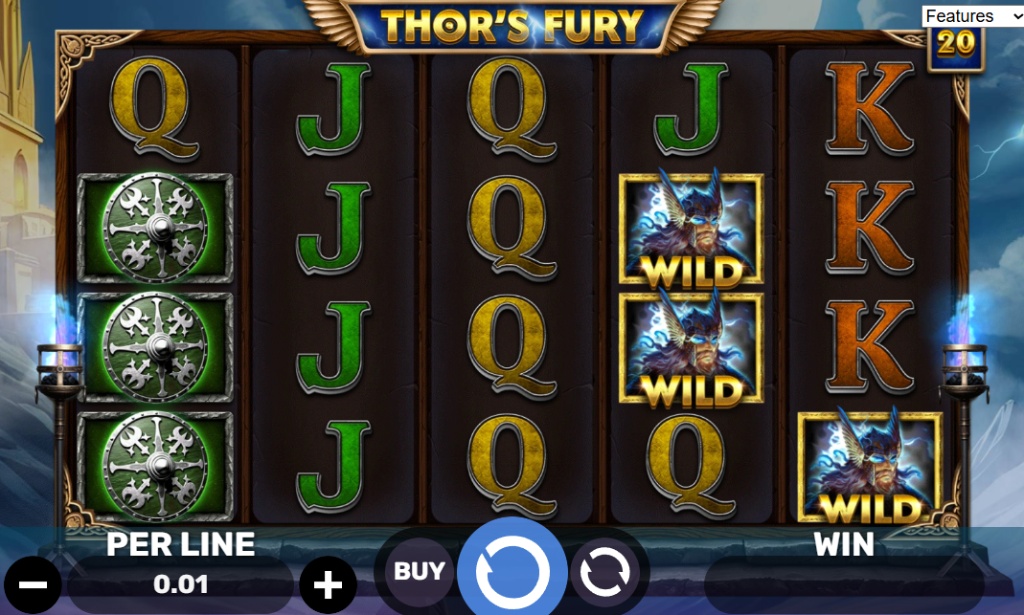 Thor's Fury slot gameplay with a wild symbol on the third reel, showcasing the Norse mythology theme and 5x4 layout.