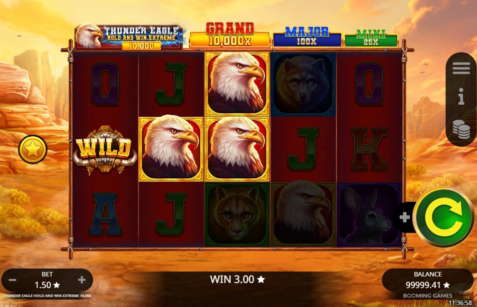 The 5x3 reel layout of the Thunder Eagle Hold and Win Extreme 10,000 slot, showing a winning combination with wild and eagle symbols.