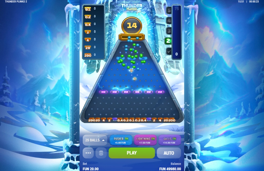 The main game board of Thunder Plinko 2, an arcade-style game where balls drop down a pegged pyramid to land in multiplier slots.