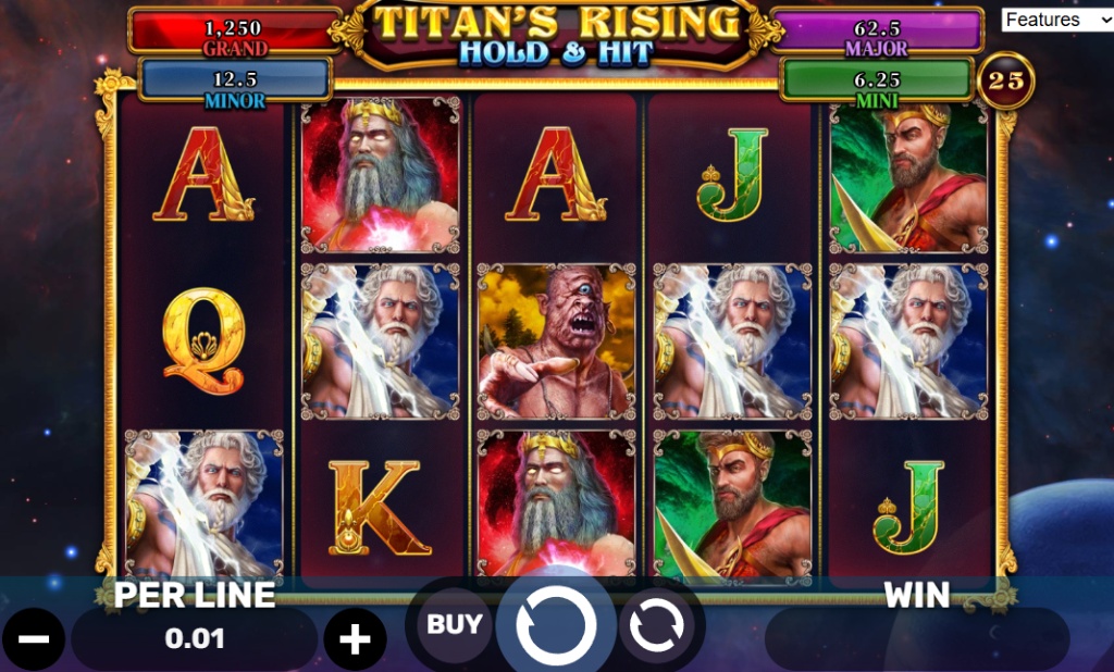 Hold & Hit basic gameplay screenshot showing the 5x3 reel grid with Zeus and Cyclops symbols, and the jackpot counters above.