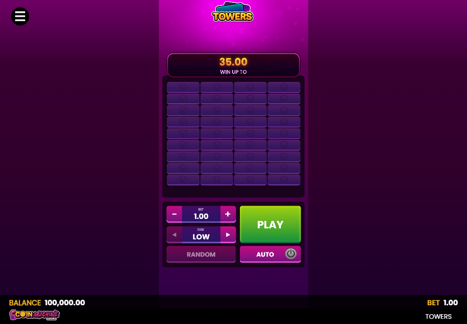 The main interface of the Towers game, showing the 9-level grid, bet controls, and difficulty setting before a round begins.