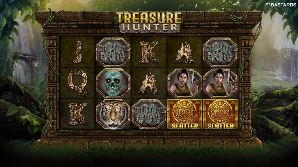 The 5x3 reel layout of the Treasure Hunter slot, showing the main game symbols against a jungle ruins backdrop.