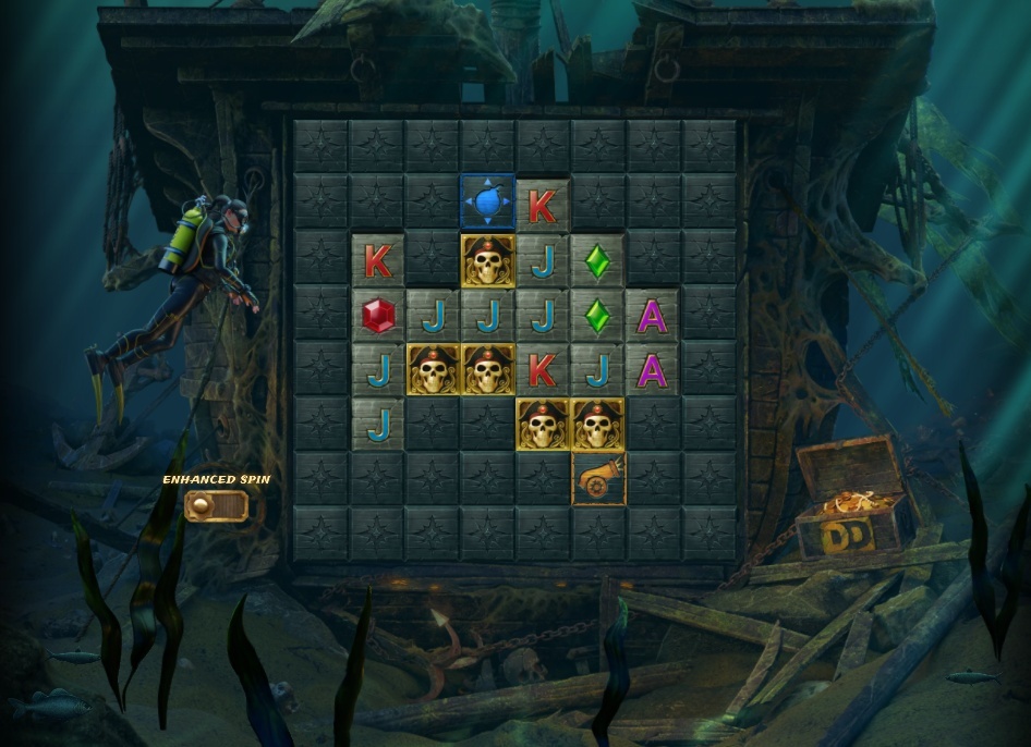 The base game grid of Treasure Tumble Dream Drop slot, showing the 8x8 layout with stone blockers before a spin.