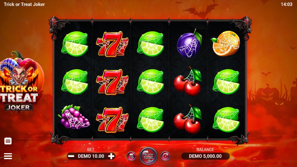 The 5x3 reel layout of the Trick or Treat Joker slot, showcasing its Halloween-themed fruit symbols.