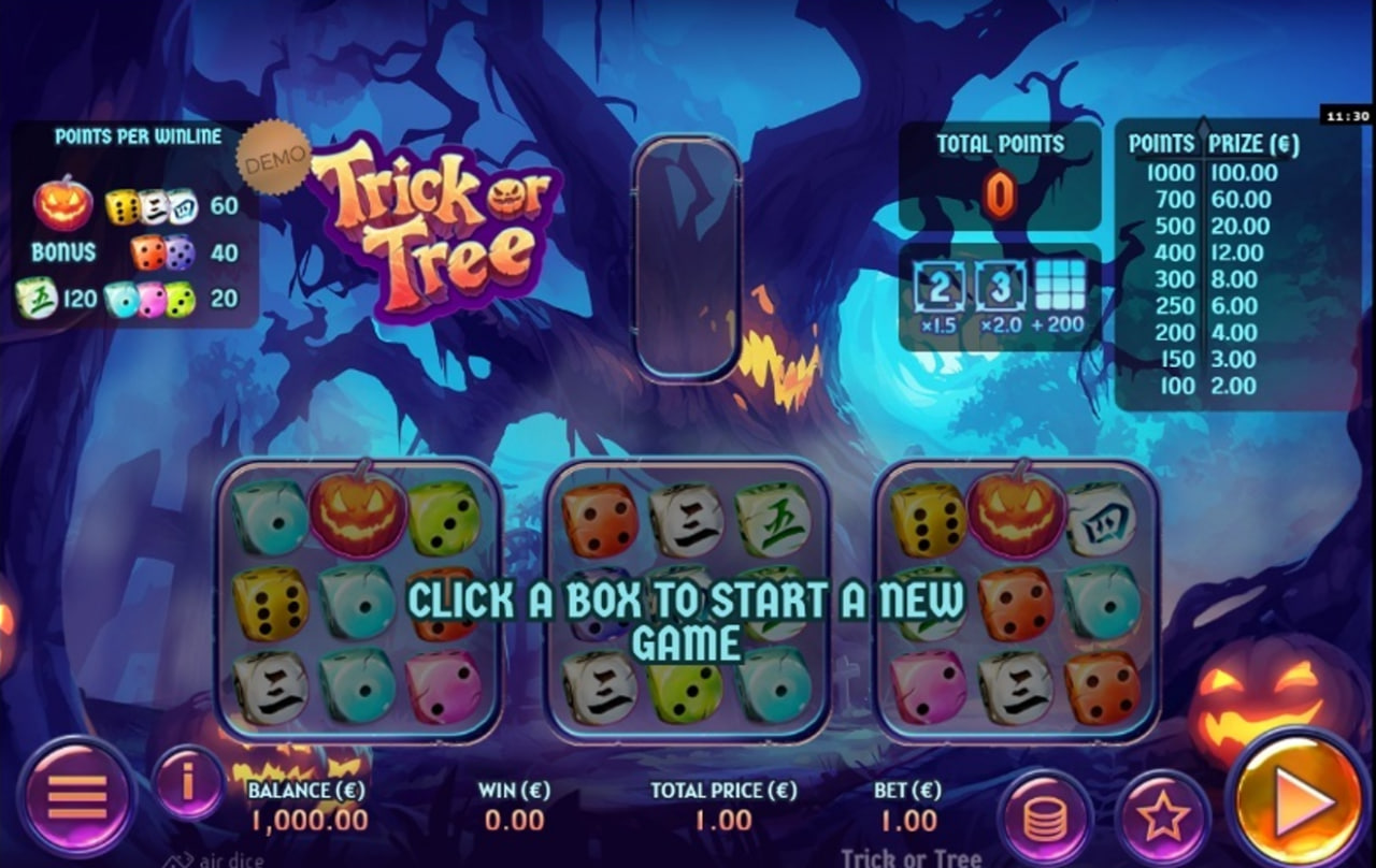 The main game screen of the Trick or Tree demo, showing the three 3x3 boxes and the Halloween-themed background.