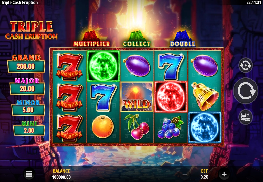 The main 5x3 game grid of the Triple Cash Eruption slot, showing classic fruit and seven symbols against a volcanic backdrop.