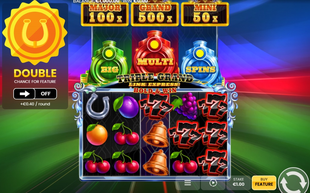 The 5x4 game grid of the Triple Grand Link Express: Hold & Win slot, featuring classic fruit symbols below three jackpot prizes and special train bonus symbols.