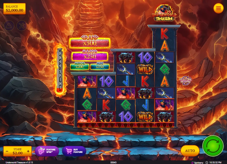 The main game grid of the Underworld Treasure slot, showcasing its unique stepped reel structure against a molten lava background.