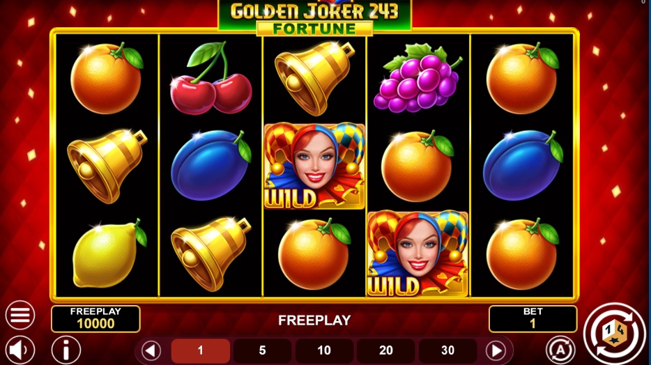 The 5x3 reel layout of the Golden Joker 243 Fortune slot, showing classic fruit and bell symbols during base gameplay.