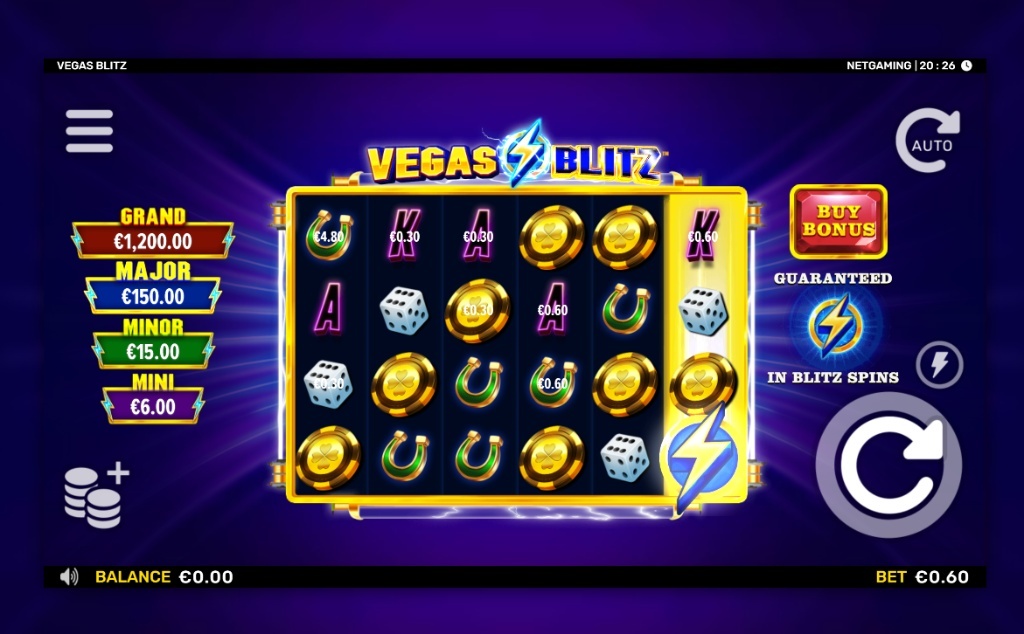 The 5x4 game grid of the Vegas Blitz slot, featuring casino-themed symbols, cash prize chips, and the four fixed jackpot tiers on the left.
