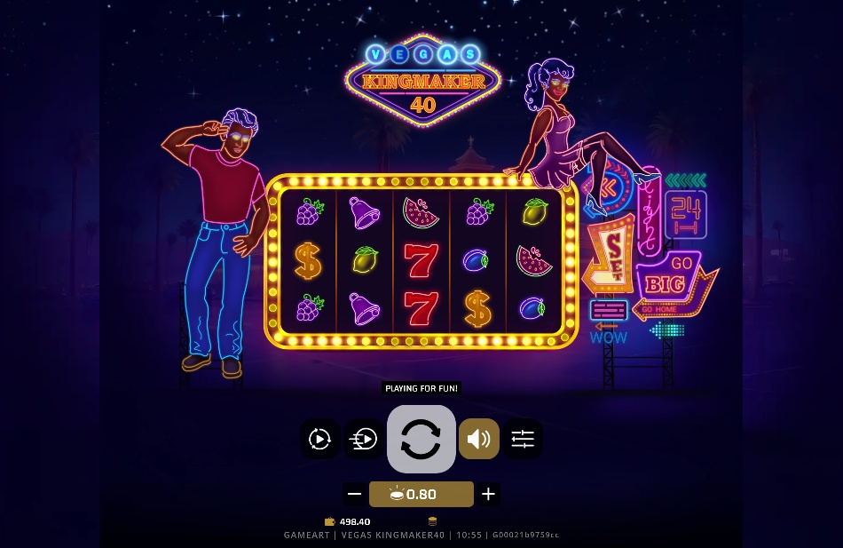 The main game grid of the Vegas Kingmaker 40 slot, featuring neon fruit and classic symbols.