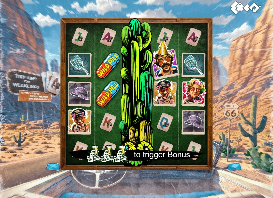 The base game grid of the Vegascaline slot, showing the 5x4 reel layout set against a psychedelic desert road trip background.
