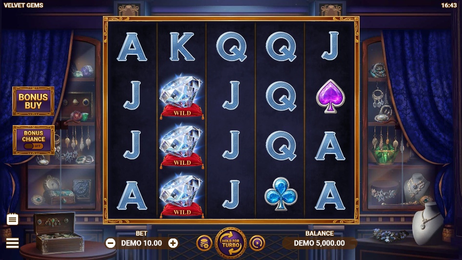 The main 5x4 game grid of the Velvet Gems slot, showing stacked diamond wilds on the reels.