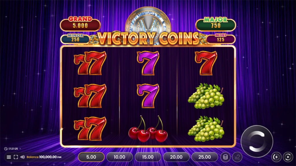 The base game screen of the Victory Coins slot, showing the 3x3 reel layout, classic symbols, and the four available jackpots.