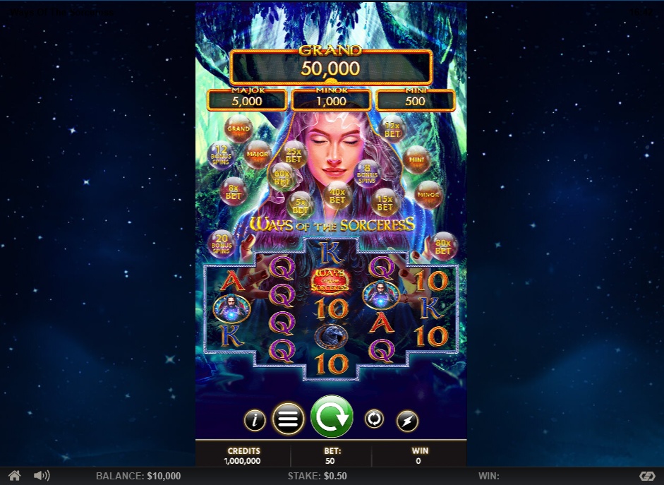The main game screen of the Ways of the Sorceress slot, showing the 3-4-5-4-3 reel layout and jackpot displays.