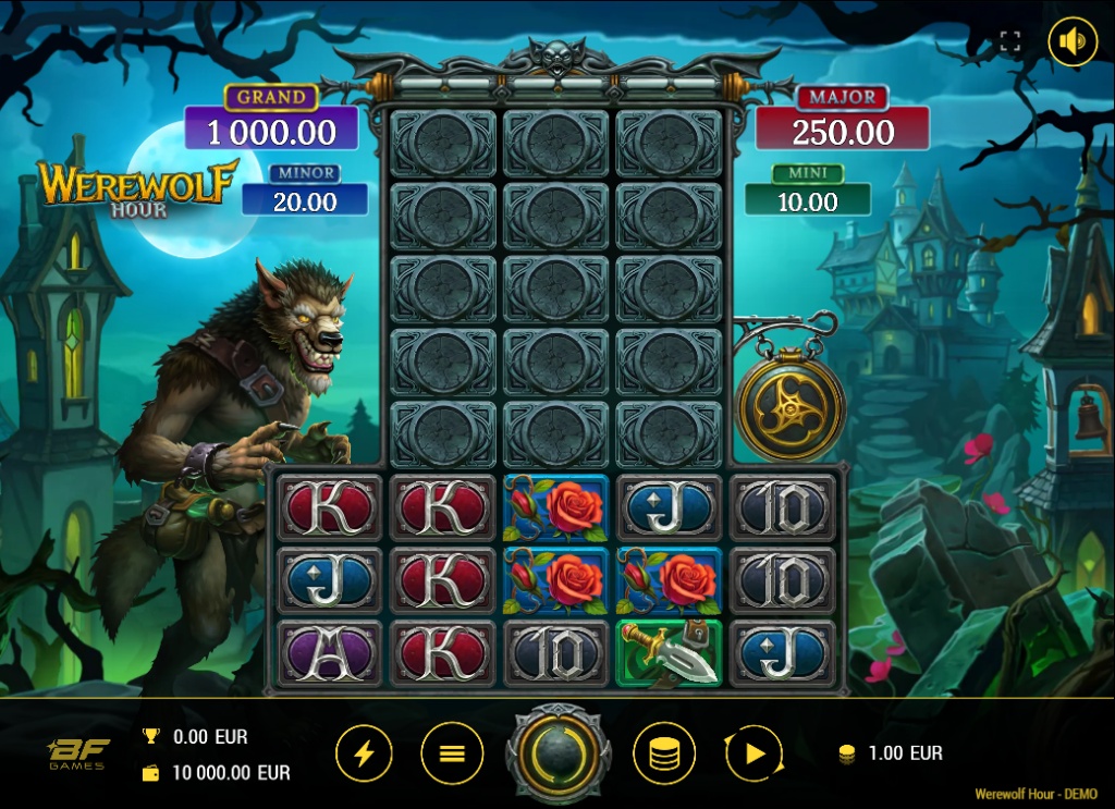 The base game grid of the Werewolf Hour slot, showing the main 5x3 reels and the locked upper reels feature.