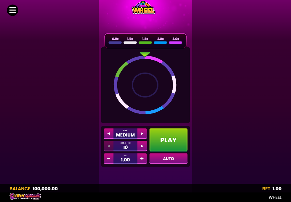 Main game interface of the Wheel slot, showcasing the multi-colored wheel and primary betting options.