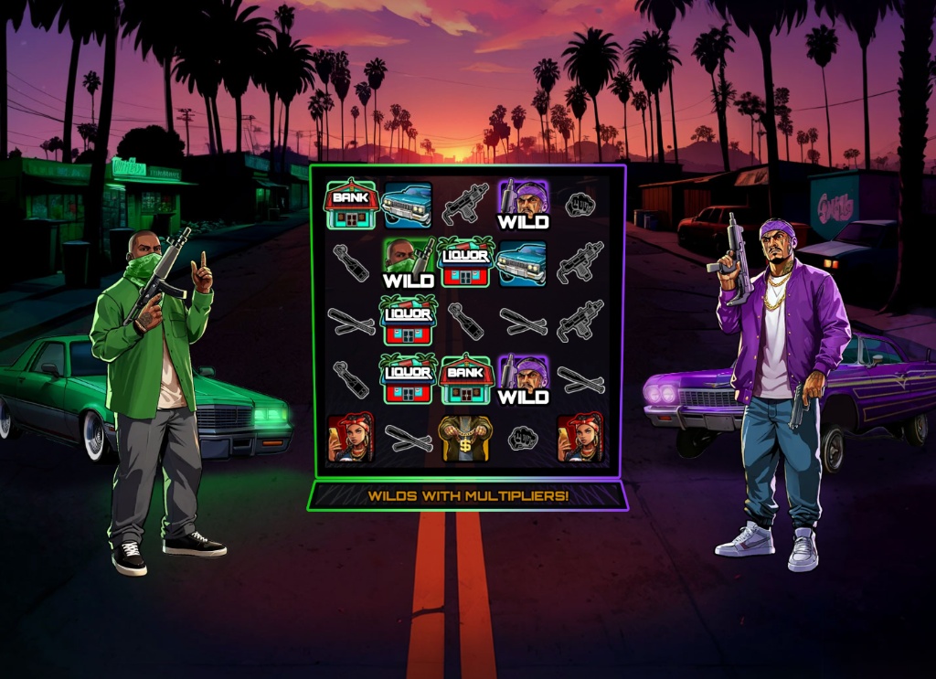 The 5x5 game grid of the Wild Gangs slot, featuring the Green and Purple gang members flanking the reels.