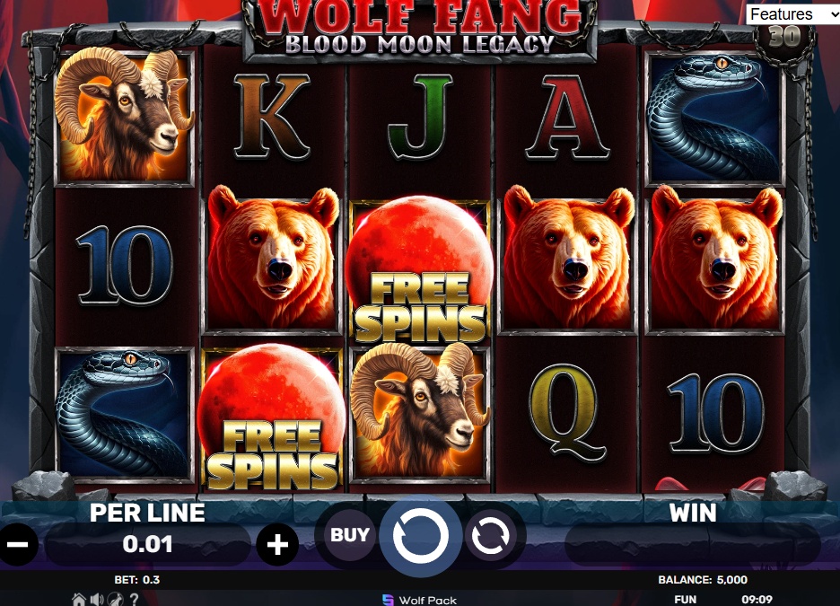 The main game screen of Wolf Fang - Blood Moon Legacy, showing the 5x3 reel layout against a rocky, moonlit background with animal symbols visible.