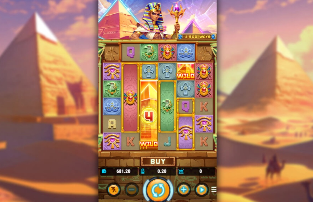 Gameplay of the Wonders of Giza Pyramid slot, featuring its dynamic reel structure with 4,500 ways to win and Egyptian-themed symbols.