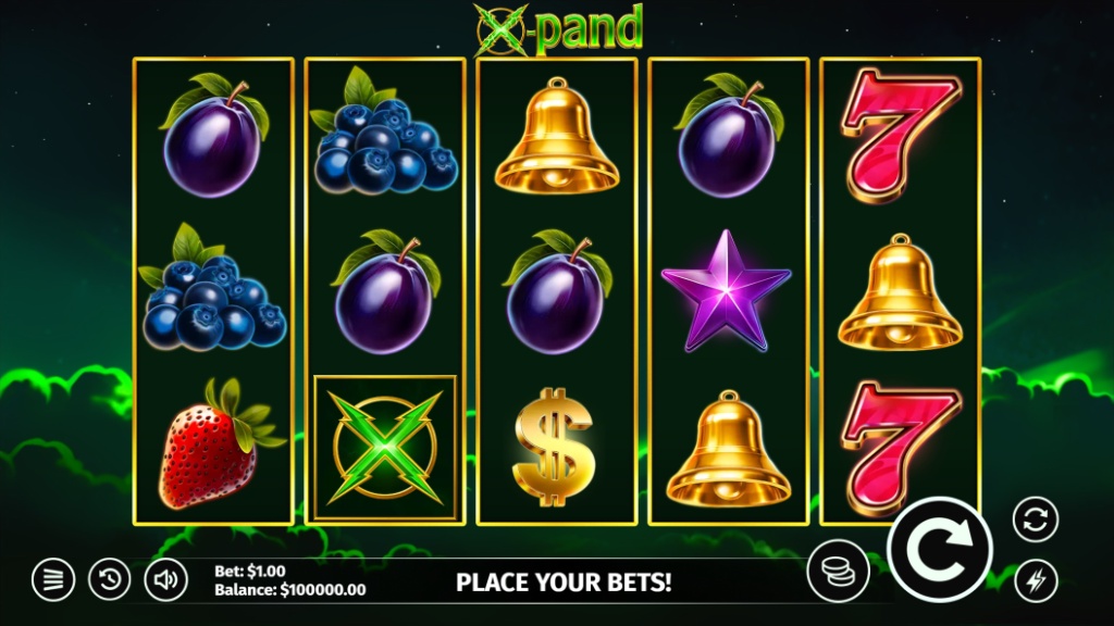 The 5x3 reel layout of the X-pand slot, showing classic fruit symbols and an Expanding Wild on the grid during base gameplay.