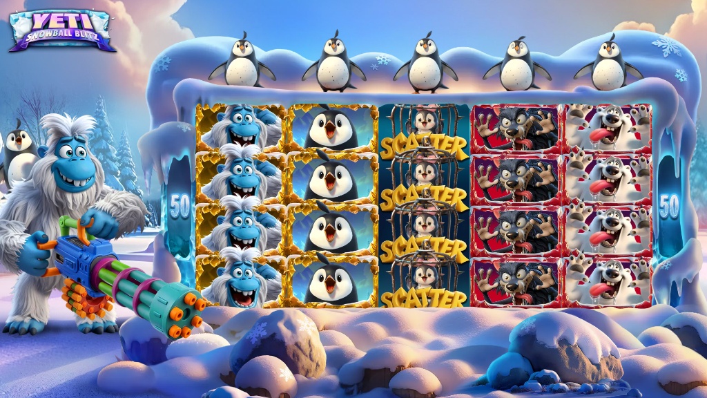 The 5x4 game grid of the Yeti: Snowball Blitz slot, showing the main symbols and the Yeti character during base gameplay.