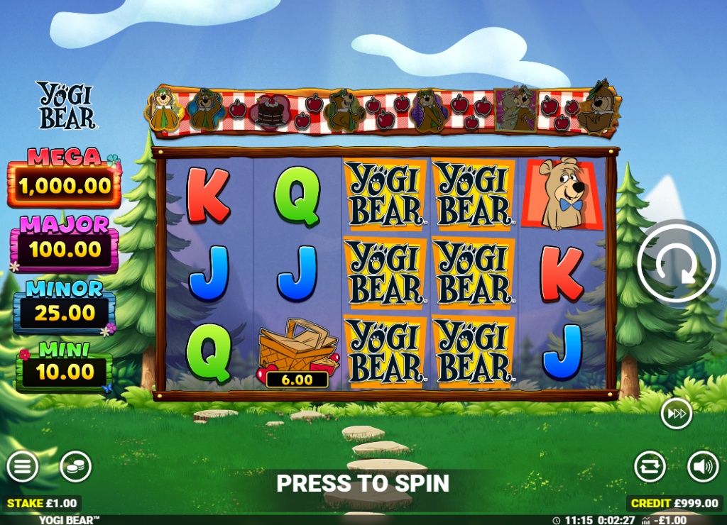 The main 5x3 game grid of the Yogi Bear slot by Blueprint Gaming, showing the game symbols and jackpots.