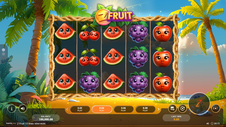 The main 5x3 game screen of the Z Fruit slot, showing the tropical beach background and various cartoon fruit symbols on the reels.