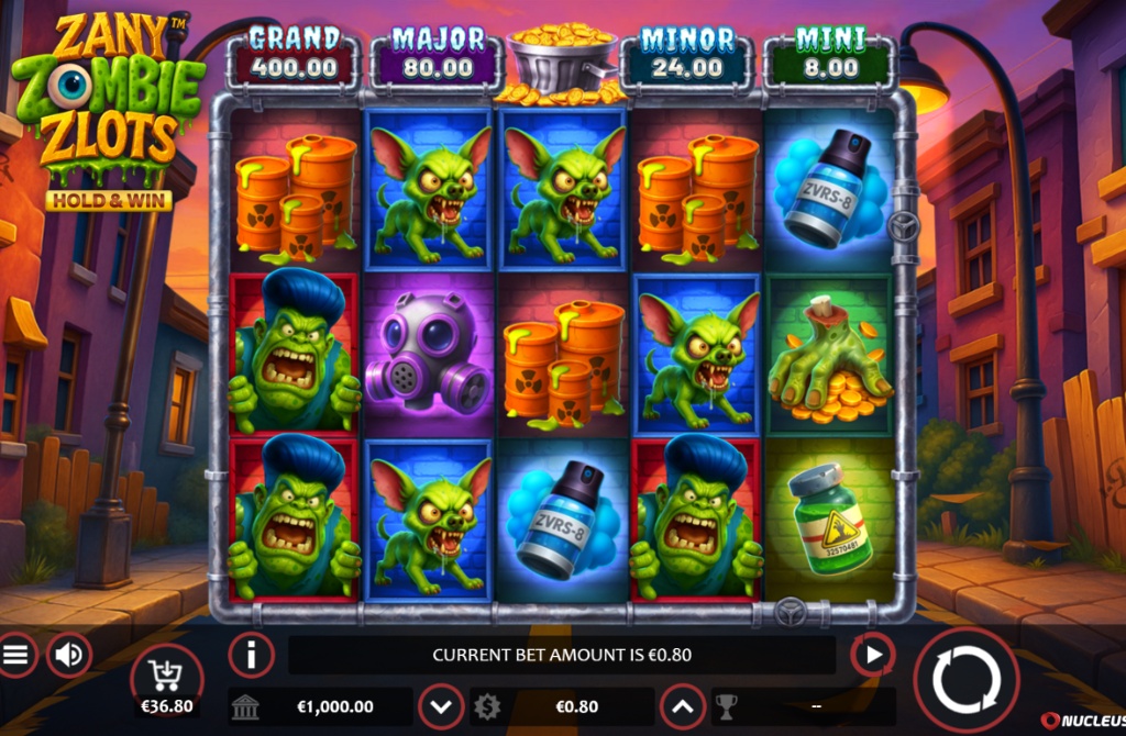 Base game view of Zany Zombie Zlots slot, showing the 5x3 reel layout and cartoon zombie symbols.
