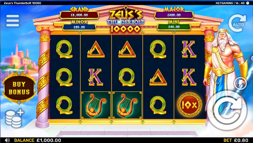 The base game grid of the Zeus's Thunderbolt 10000 slot, showing Zeus beside the 5x4 reels.