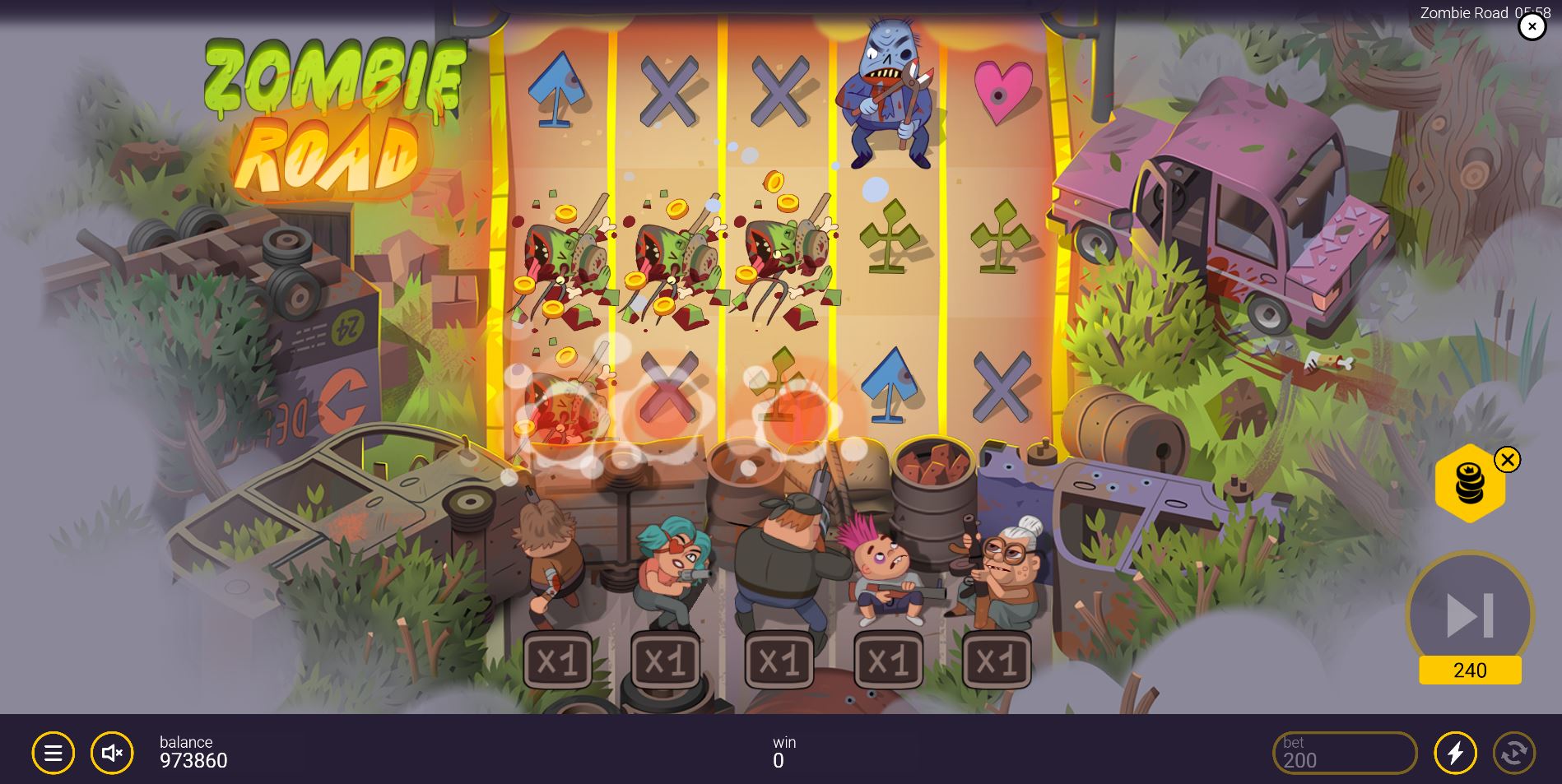 Winning zombie symbols exploding on the Zombie Road slot grid, making way for new symbols.