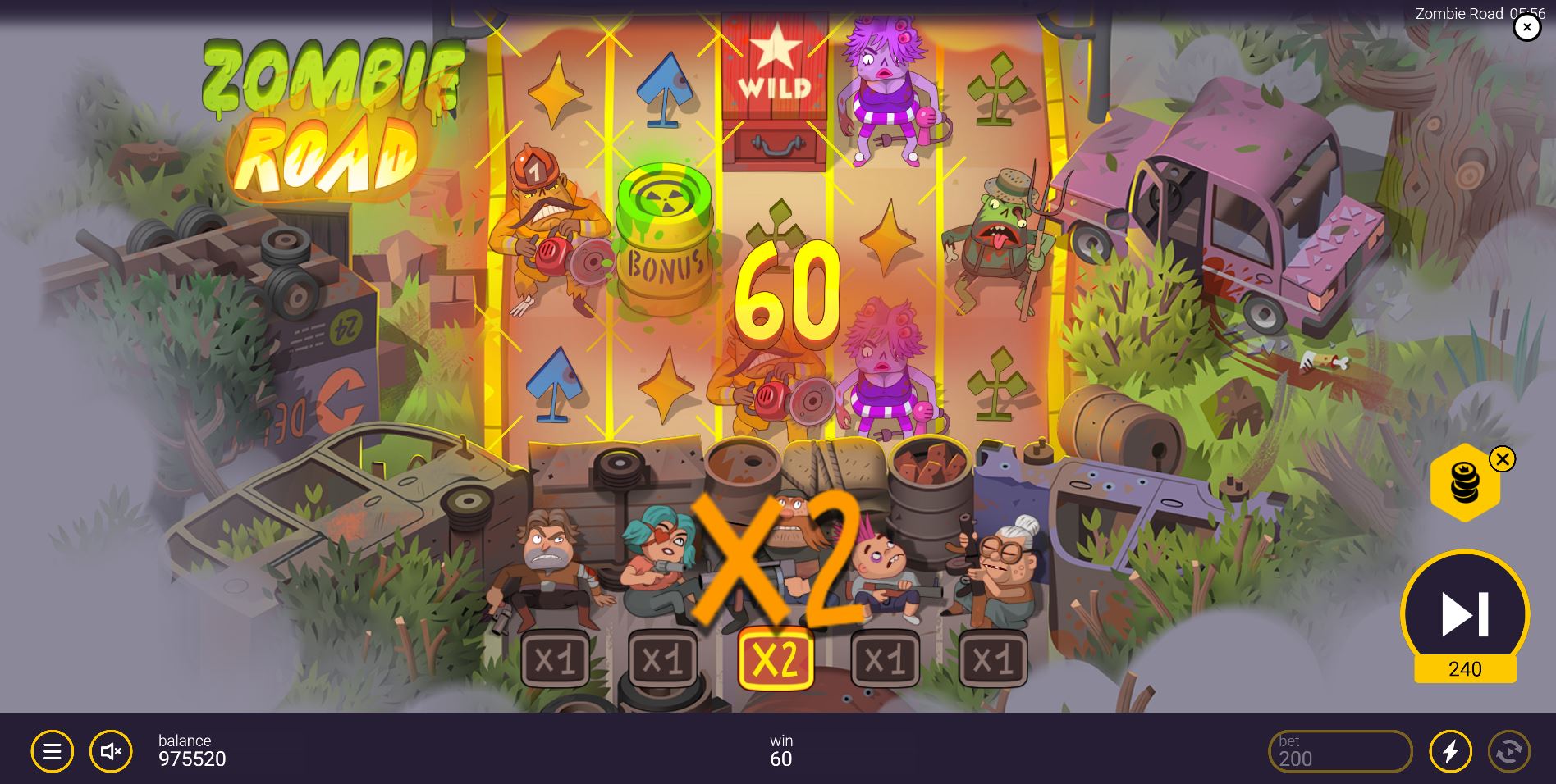 A Wild symbol lands on the reels in Zombie Road, increasing the multiplier for that column.
