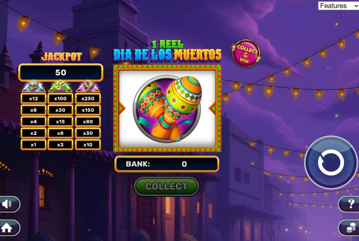 Main gameplay screen of 1 Reel - Dia De Los Muertos demo showing the single reel and three prize ladders.