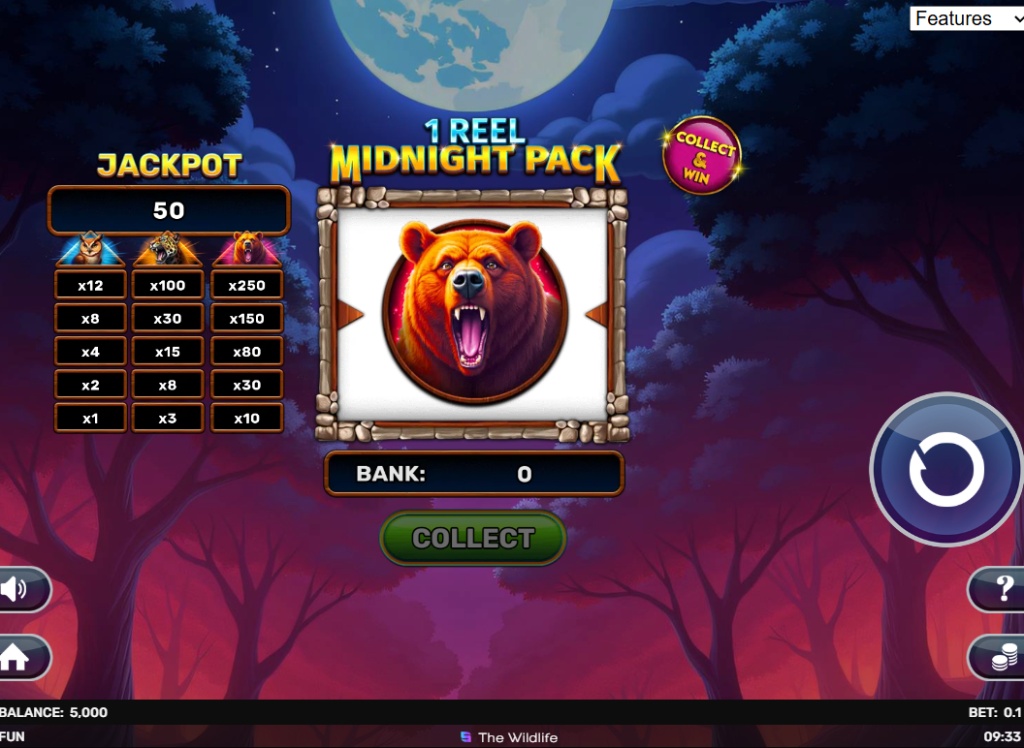 The main game screen of 1 Reel Midnight Pack slot, showcasing the single reel layout and progressive payout table.
