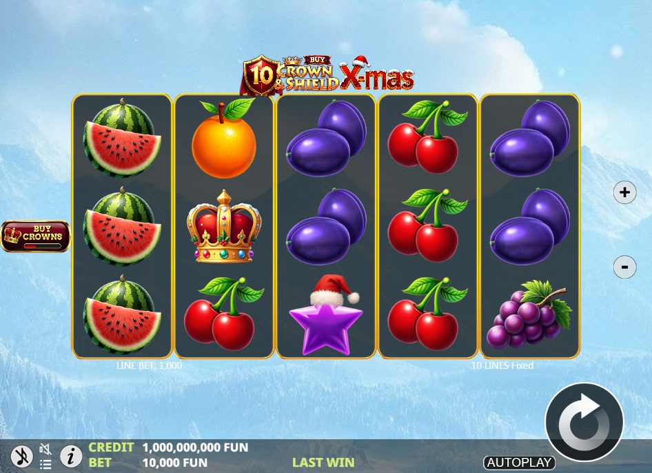 The main 5x3 game screen of the 10 Crown & Shield X-mas slot, showing the fruit symbols and snowy background.